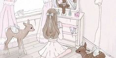 a drawing of a baby's room with deer, teddy bear and crib