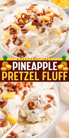 Add this sweet and salty treat to your Labor Day with this Pineapple Pretzel Fluff! This easy Labor Day party food and fun summer dessert recipe features buttery-sugared toasted pretzels, crushed pineapple, and a cream cheese base, with just 10 minutes of prep! Pineapple Pretzel Fluff, Pretzel Fluff, Pineapple Fluff, Pumpkin Fluff, Easy Labor, Fluff Desserts, Skillet Dishes, Salty Treats