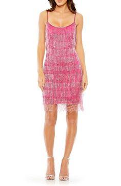 Glistening beaded fringe brings retro appeal to this curve-hugging minidress that's ideal for a night out on the town. 35" length Scoop neck Spaghetti straps Lined 100% polyester Spot clean Imported Asian Owned/Founded Cheryl Style, Beaded Fringe Dress, Long Sleeve Sheath Dress, Tulle Evening Dress, Hot Pink Dresses, Fringe Dress, Mac Duggal, Gowns Of Elegance, Beaded Fringe