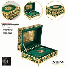 an open green and gold jewelry box