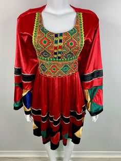 Vintage Hand Embroidered Dress Note: Minor signs of wear. Size: S/M Afghan Clothes Dresses, Traditional Fall Party Dresses, Traditional Embroidered Dresses For Fall, Traditional Fall Dresses With Embroidery, Fitted Long Sleeve Dresses For Festivals, Traditional Red Fall Dresses, Fitted Folk Style Dress For Festival, Fitted Folk Style Festival Dress, Multicolor Embroidered Dress For Fall