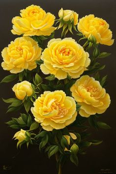 a painting of yellow flowers on a black background