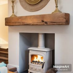 a wood burning stove in a living room next to a wall with a clock on it