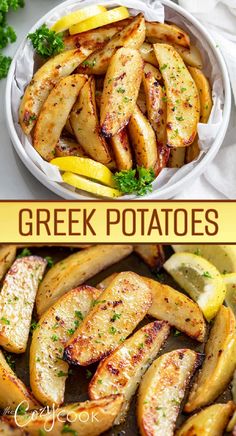 greek potatoes with lemons and parsley on the side