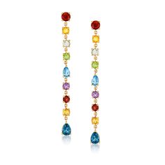 Ross-Simons - 6.90ct t. w. Multi-Gemstone Linear Drop Earrings in 18kt Yellow Gold Over Sterling. Brighten up your favorite looks with these colorful drop earrings! Playful multi-shapes of 6.90 ct. tot. gem wt. garnet, citrine, prasiolite, peridot, blue topaz and amethyst gems shine in polished 18kt yellow gold over sterling silver. Hanging length is 2 5/8". Post/clutch, multi-gemstone linear drop earrings. Minimalist Rainbow, Long Chain Earrings, Gemstone Drop Earrings, Gem Earrings, Multi Sapphire, Peridot Stone, Amethyst Gem, Rainbow Earrings, Citrine Stone