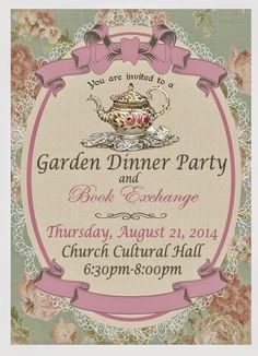 the garden dinner party and book exchange is coming to church cultural hall on saturday, august 21