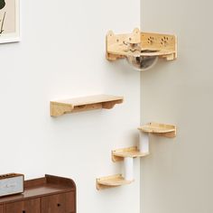 two wooden shelves on the wall and one shelf has a cat's head hanging from it