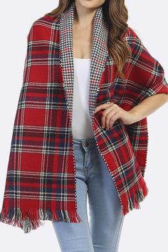 Reversible Tartan Fringe Shawl in Two Colors | TRAITS Tartan Blanket Scarf, Bohemian Scarves, Plaid Shawl, Tartan Blanket, Fringe Shawl, Tartan Scarf, Stylish Scarves, Plaid Blanket Scarf, Plaid Blanket