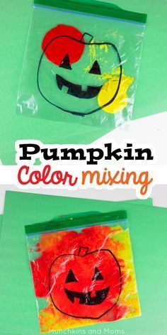 two bags with pumpkins painted on them and the words pumpkin color mixing in front of them