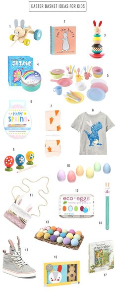 the easter basket ideas for kids is shown with eggs, books and other things to make it