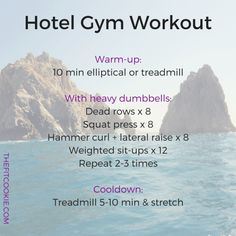 an advertisement for the hotel gym workout program with instructions on how to do it and where to use it