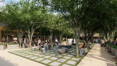 an artist's rendering of people sitting and walking around in the park, surrounded by trees