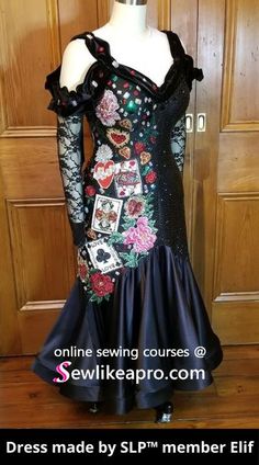 Sew Like a Pro™ member Elif did an amazing job making this poker-themed Dancesport dress for a showcase event. She used velvet around the neckline and off-the-shoulder sleeves, and black lace for the sleeves. She used lots of cool decorations, like the card decorations on the side of the dress. #dancesportdress #ballroomdress #lacesleeves #flowerappliques #sewlikeapro #dressmaker #showcasedress Cool Decorations, Smooth Dance Dresses, Ballroom Standard Dress, Smooth Dance, Lace Inspiration, Skating Costumes, Ballroom Dresses, Country Dance