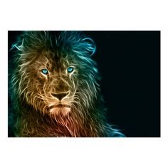 a lion with blue eyes is shown in this artistic photo, it appears to be looking at the camera