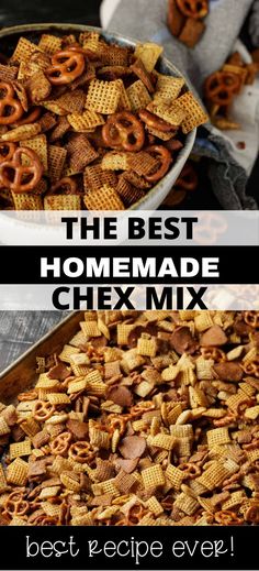 Bowlful of Chex mix at top and baking dish full of Chex mix at bottom. Savory Chex Mix, Chex Party Mix Recipe, Chex Mix Recipes Sweet, Homemade Chex Mix Recipe, Chex Snack Mix, Chex Mix Recipes Original, Party Mix Recipe, Homemade Chex Mix, Chex Mix Recipe