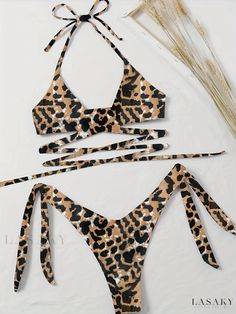 Lasaky - Womens Leopard Print Criss Cross Halter Two-Piece Bikini Set: Stylish Tie Back and Stretchy Tie Side Swimsuits for Fashion-Forward Swimwear & Beachwear Enthusiasts Tie Backs, Tie Back, Criss Cross, Leopard Print, Fashion Forward, Collar Styles, Two Piece