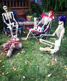 two skeletons sitting in lawn chairs on the grass with one skeleton laying next to another