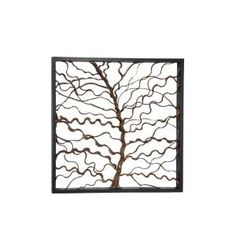 a metal wall sculpture with branches on the top and bottom, against a white background