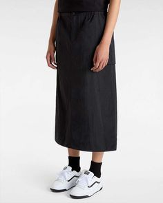 model wearing black midi skirt with elastic waist, button front, and cargo pockets Parachute Cargo, Black Vans, Cargo Skirt, Cargo Pocket, Skirt, Black