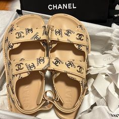 Hard To Find Chanel Beige Cc Logo Printed Dad Sandals! Bnib With 2 Dust Bags And Ribbon. No Low Ball Offers. Slippers Outfit, Dad Sandals, Chanel Beige, Outfit 2020, Shoes Chanel, Chanel Camellia, Chanel Sandals, Pink Chanel, Black Espadrilles