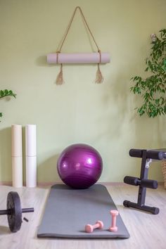 an exercise ball and gym equipment in a room