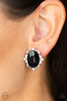 Earrings Regally Radiant Black ✨ Clip-On Earrings Radiant Black, Emerald Style, Faceted Gems, Paparazzi Accessories, White Rhinestone, Black Earrings, Paparazzi Jewelry, Jewelry Business, Clip On