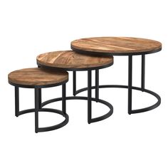 three tables with metal bases and wood tops