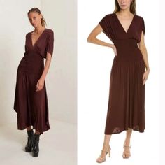 All Orders Ship Next Business Day! Don’t Be Shy, Make An Offer! Conditions: New With Tags But Small Tear In The V Neck The Color Is Bitter Chocolate Brown Size Small Smoke Free Home! Peplum Midi Dress, Embellished Midi Dress, Bitter Chocolate, Chocolate Brown Color, Violet Dresses, One Shoulder Midi Dress, Midi Wrap Dress, Ruched Midi Dress, Pleated Midi Dress