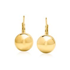 Ross-Simons - Italian 18kt Gold Over Sterling Ball Drop Earrings. Always a classic, these 10mm 18kt yellow gold over sterling silver ball drop earrings bring simple and sleek charm to any outfit. Hanging length is 3/4". Made in Italy. Leverback, 18kt gold over sterling ball drop earrings. Elegant Yellow Gold Lever Back Earrings, Elegant Yellow Gold Earrings With Lever Back, Classic Yellow Gold Plated Earrings, Classic Yellow Gold Drop Earrings, Classic Yellow Gold Lever Back Earrings, Elegant Gold Earrings With Lever Back, Formal Yellow Gold Lever Back Earrings, Classic Yellow Gold Jewelry With Lever Back, 14k Gold Lever Back Formal Earrings