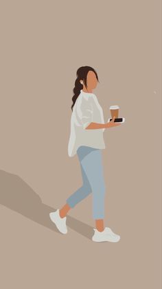 a woman walking with a tray of food in her hand and a cup of coffee on the other side