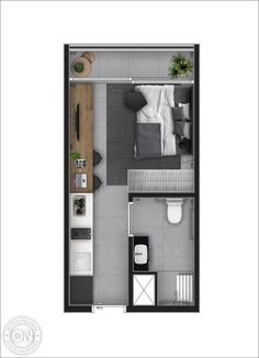 an overhead view of a studio apartment