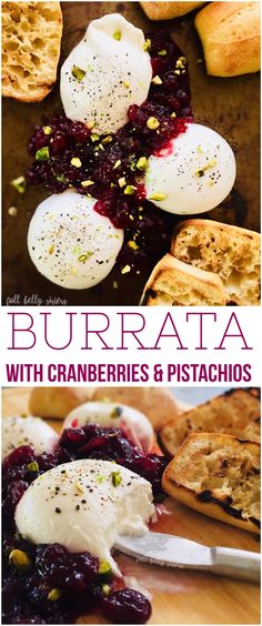 the cover of burrata with cranberries and pistachios