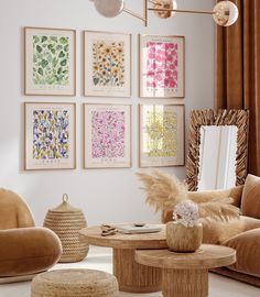 a living room filled with furniture and pictures on the wall above it's coffee table