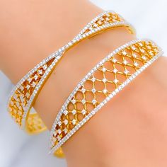 This exquisite set of 18k gold bangles, with a total weight of 32.4 grams, features a timeless tapered design adorned with dazzling diamonds. The yellow gold finish enhances their luxurious appeal, making them perfect for any special occasion. Each bangle is set with a total diamond weight of 6.51 carats, featuring F-G color and VS quality diamonds in round brilliant cut shapes. With a bangle size of 2.6 and an opening diameter of 2.35 inches, these pieces offer both elegance and comfort. Ideal Wedding Bangle In Yellow Gold With Brilliant Cut, Wedding Brilliant Cut Yellow Gold Bangle, Wedding Yellow Gold Bangle With Brilliant Cut, Elegant Gold Bangle With Brilliant Cut, Dazzling Yellow Gold Bangle For Anniversary, Yellow Gold Wedding Bangle With Diamond Accents, Dazzling Gold Diamond Cut Bangle, Gold Bangle With Pave Setting For Wedding, Formal Bangle With Single Cut Diamonds