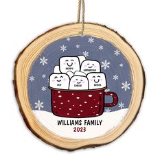 personalized christmas ornament with mugs of marshmallows and snowflakes