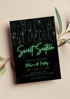 a black and green birthday party card with the words sweet sixteen on it, surrounded by greenery