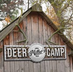 Deer hunting decor -Large Metal Barn Sign- Deer camp sign that looks like beveled metal with camo on the background and the words Deer Camp. Hunting Camp Signs, Deer Camp Ideas Hunting Cabin, Deer Camp Decor, Deer Hunting Decor, Hunting Club, Deer Camp, Ranch Sign, Barn Signs, Hunting Decor