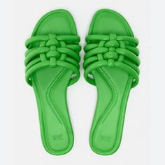 Brand New Size Us 6.5, Eur 37 Green Synthetic Sandals With Buckle Closure, Chic Green Flat Sandals, Zara Green Sandals For Summer, Spring Green Slides With Buckle Closure, Green Beach Sandals With Adjustable Strap, Green Slides With Buckle Closure For Spring, Green Buckle Closure Slides For Spring, Zara Trendy Flat Heel Sandals, Trendy Spring Jelly Sandals With Adjustable Strap