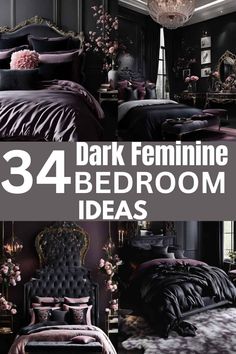 black and purple bedroom with text that reads 34 dark feminine bedroom ideas