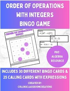 the order of operations with integers bingo game