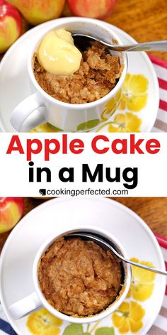 an apple cake in a mug on a plate