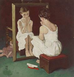 a painting of a woman sitting in front of a mirror looking at her own reflection