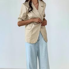 Eloquii Tailored Fit Fully Lined 100% Cotton Notch Lapel Double Breasted Snap Closure Shoulder Pad Hits Below The Hip 32" Body Length On Size 20 Functional Welt Pockets With Flaps Waist Open No Snap Or Button Detail Vertical Front Darts Princess Seams Lining + Shell: Non-Stretch Woven Fabric Linen Blend Spring Office Wear Blazer With Pockets, Casual Summer Business Outerwear, Casual Summer Business Casual Outerwear, Collared Spring Outerwear For Office, Notch Lapel Summer Outerwear For Office, Collared Outerwear For Office Wear In Spring, Casual Spring Blazer For Office Wear, Solid Color Short Sleeve Summer Outerwear, Casual Beige Blazer For Office Wear