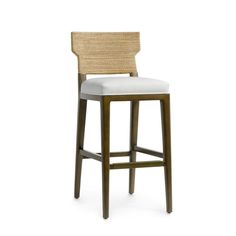 an upholstered bar stool with a white cushion on the seat and backrest