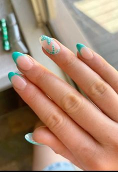 #blue #teal #nails #summer Teal Nail Designs Almond, Fun School Nails, Vacation Nail Ideas Coffin, Cute Teal Nails Acrylic, Teal And White Nail Designs, Nails For Beach Vacay, Short Acrylic Nails Vacation, Teal Design Nails, Acrylic Nail Designs Teal