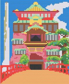 a cross stitch pattern of a pink castle