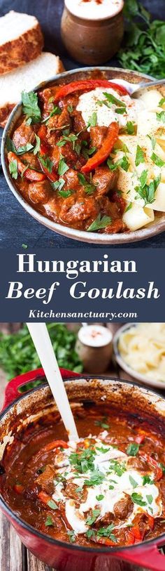 hungarian beef goulash in a red pot with bread and parsley on the side