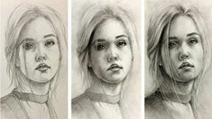 three different pictures of a woman's face and the same one is drawn in pencil