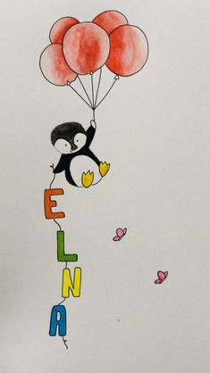 a drawing of a penguin holding balloons that say elenn and the words elenn are painted in multi - colored letters