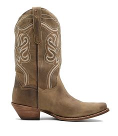 About The Karmel The Karmel offers traditional western styling in soft taupe leather. Features snip toe, medium cowboy heel and leather outsole. Shaft Leather Height 12" Circumference 12" Heel 1 3/8" Medium Cowboy Lining Leather Toe Snip Outsole Leather Comfort System Ultimate Flex Insole Western Boots With Stacked Heel, Rugged Almond Toe Boots For Western-themed Events, Western Boots With Medium Width Closed Toe, Country Style Pointed Toe Rodeo Boots, Ranch Boots With Stacked Heel And Snip Toe, Western Boots With Stacked Heel For Rodeo, Western Style Closed Toe Boots For Western-themed Events, Western Boots With Leather Sole And Wide Calf, Western Wide Calf Boots With Leather Sole